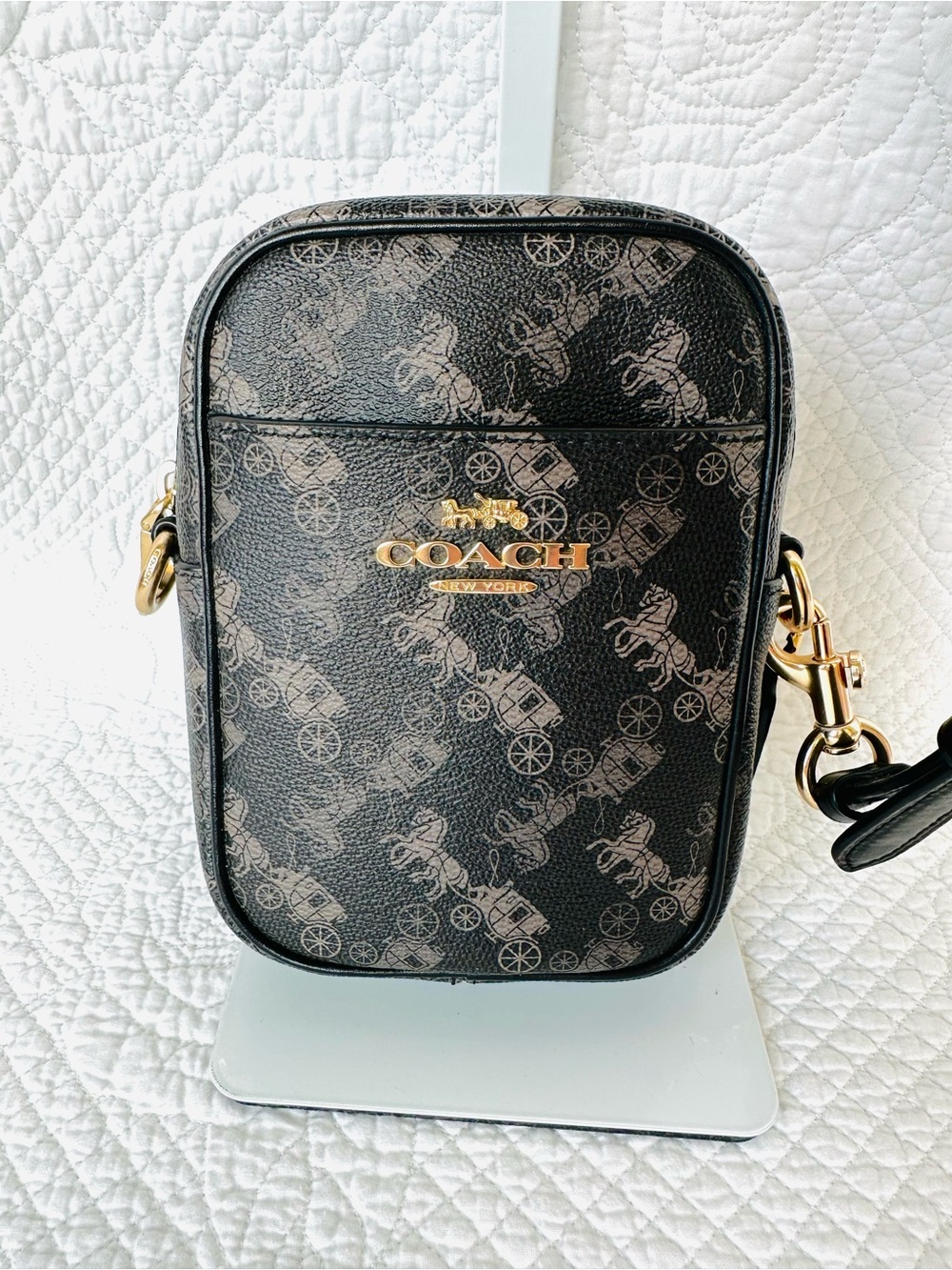 Coach Black Signature Print Crossbody Phone Pouch with Gold Hardware - Picture 2 of 8